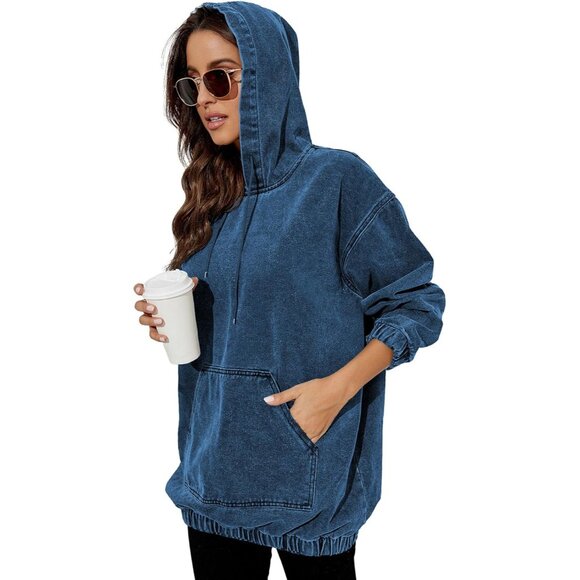 Women's Denim Hoodie Long Sleeve Pullover Sweatshirt with Pockets Casual - Picture 6 of 6